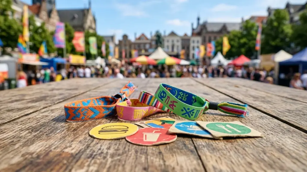 Värvilised festivali randmepaelad ja toidukupongid asetsevad puidust laual taustal oleva rahvarohke ürituse ees.