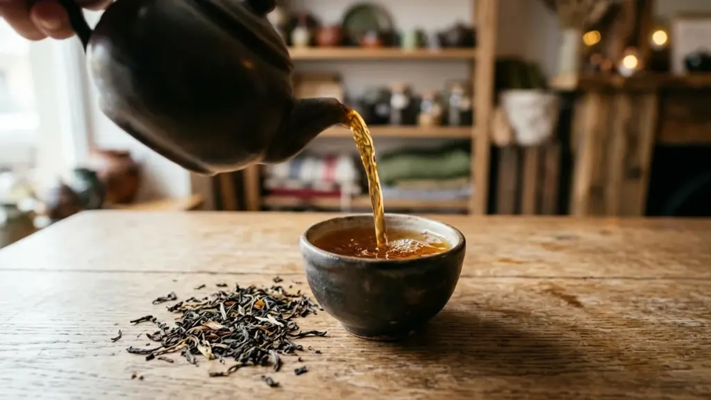 Tume keraamiline teekann valab kuuma teed puidust laual asuvasse keraamilisse tassi.