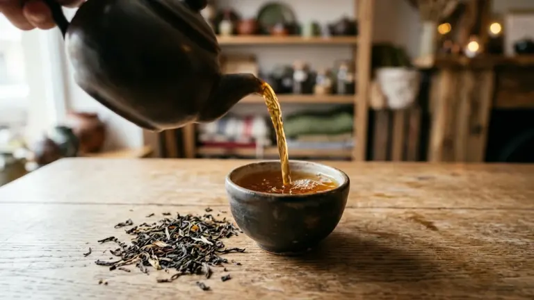 Tume keraamiline teekann valab kuuma teed puidust laual asuvasse keraamilisse tassi.