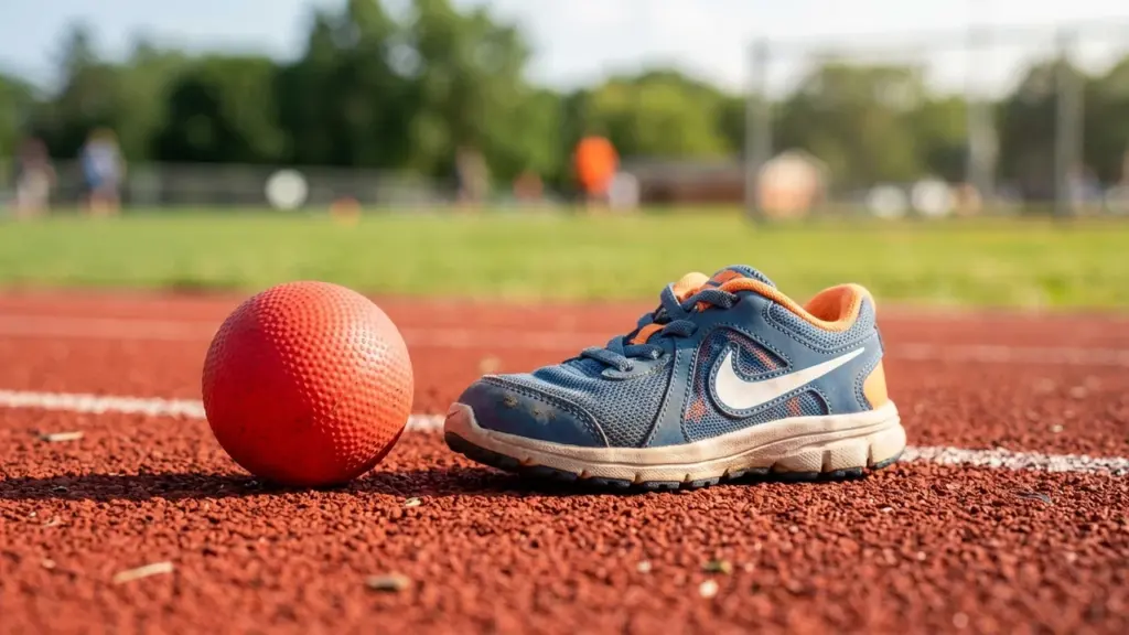 Punane pall ja üks sinine Nike toss lebavad välitingimustes punasel jooksuraja katendil.