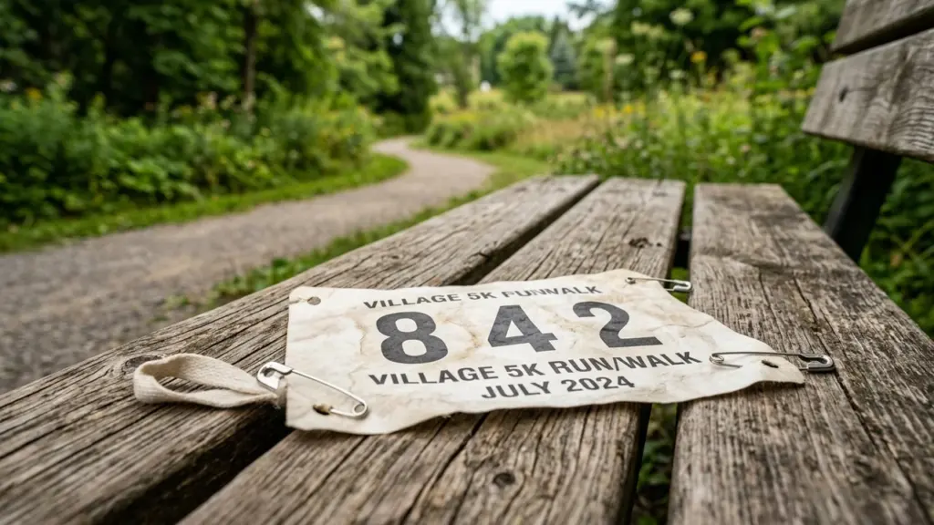 Võistlusnumber numbriga 842 lebab puidust pargipingil, taustal on looklev jalgtee rohelises pargis.