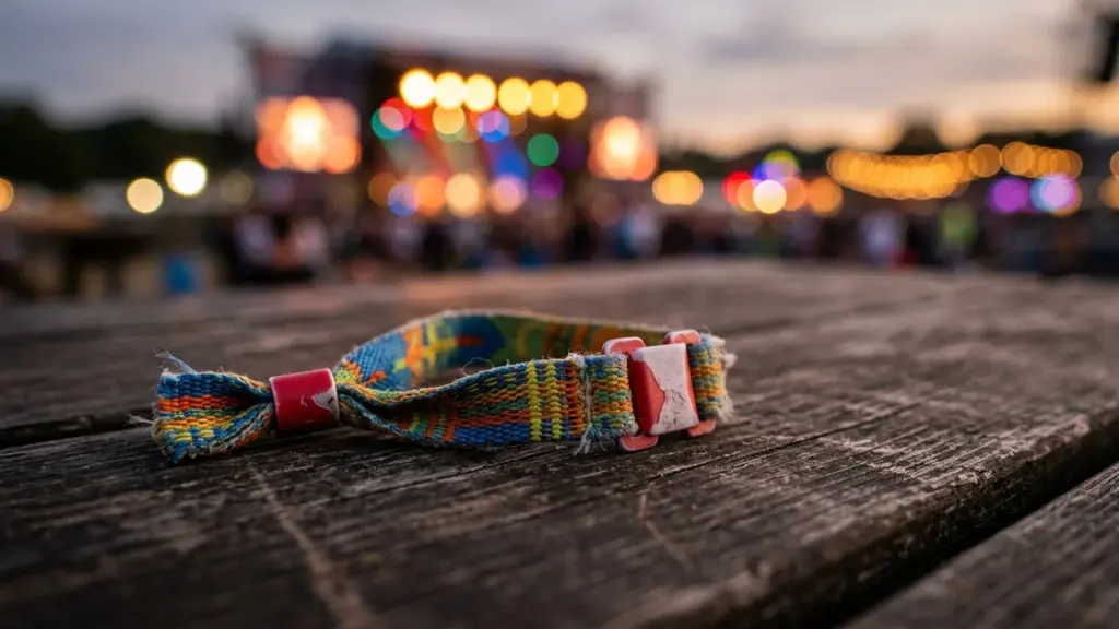 Värviline kangast festivali käepael asetseb puidust laual uduste lavatulede taustal välisüritusel.