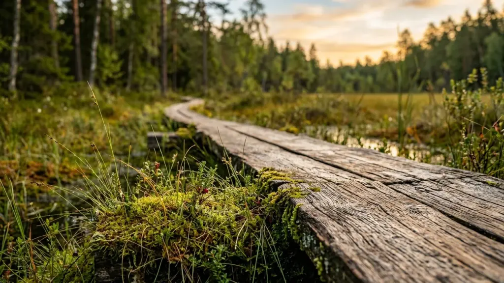 Puidust laudtee lookleb läbi märgalade ja rohelise metsa päikeseloojangulises valguses.