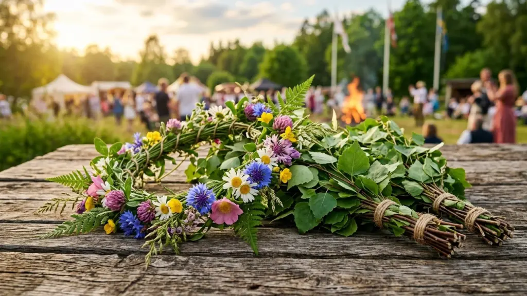 Pärg metsalilledest ja kasevihad asetsevad puidust laual suvisel rahvapeol lõkke taustal.