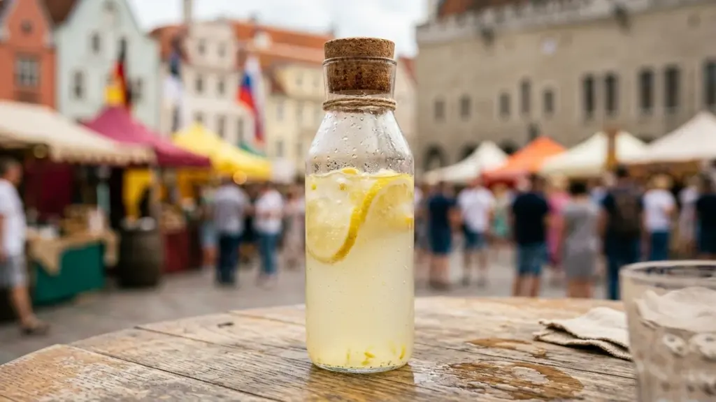 Klaasist pudel limonaadi ja sidruniviiludega puitlaual Tallinna raekoja platsi suvisel turul.