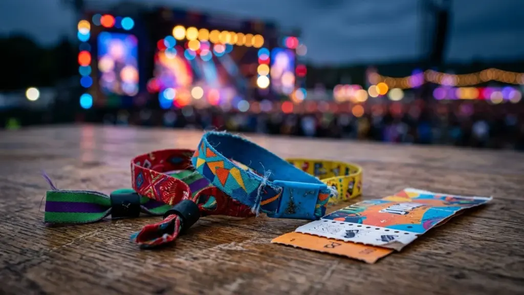 Värvilised festivali käepaelad ja pilet puidust pinnal, taustal hägune suur kontserdilava ja publik.