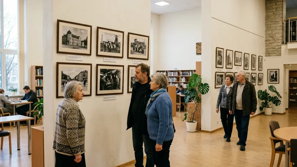 Inimesed vaatavad raamatukogu seintele riputatud ajalooliste fotode näitust, taustal on raamaturiiulid ja toataimed.