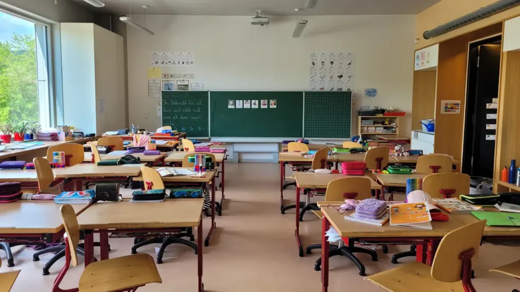 Tühi klassiruum koolis, kus on puidust lauad ja roheline tahvel.
